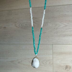 Blue Chalcedony, Milky Quartz, and Druzy Quartz Pendant Necklace, 30”